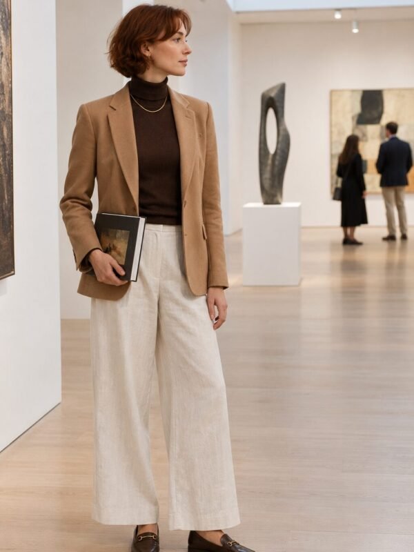 Old money outfit: espresso turtleneck + cream wide-leg trousers