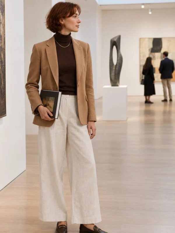 Old money outfit: espresso turtleneck + cream wide-leg trousers