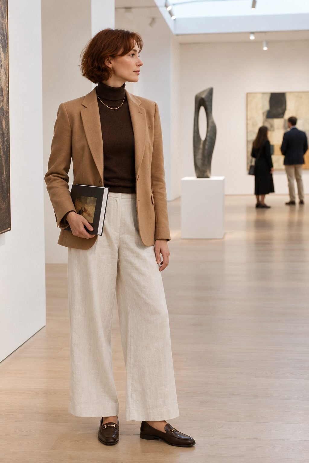 old money lunch outfit: espresso cashmere turtleneck and cream wide-leg trousers with a gold chain worn over the knit