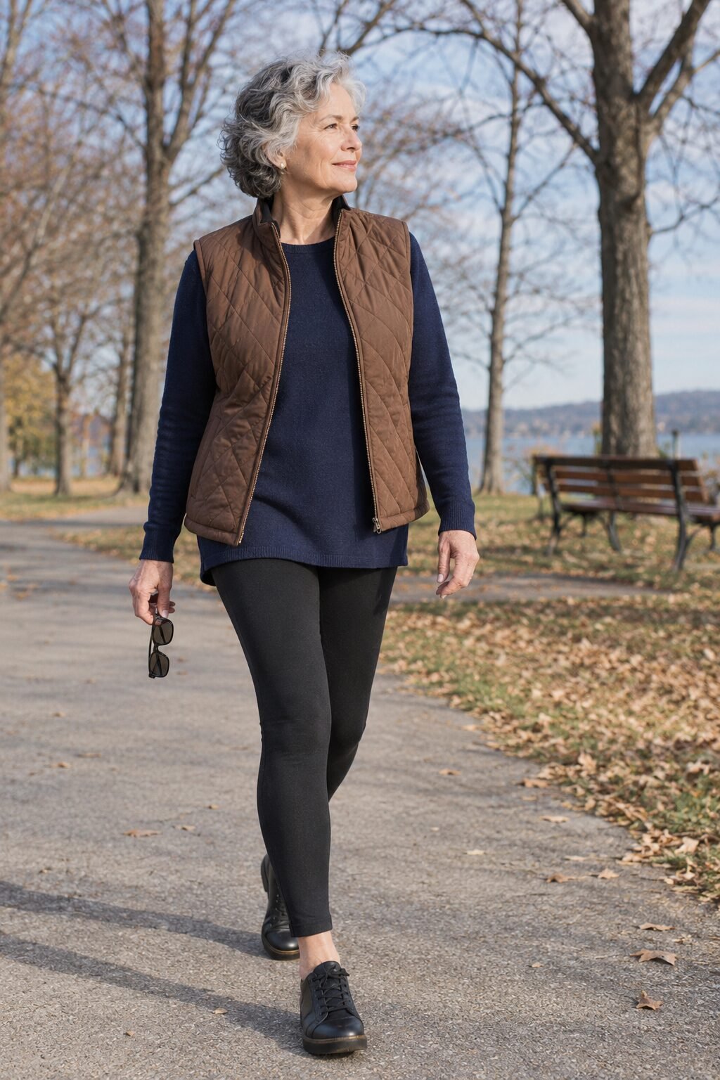 how to style a tunic for women in their 70s: navy crewneck tunic under a brown quilted vest with black leggings