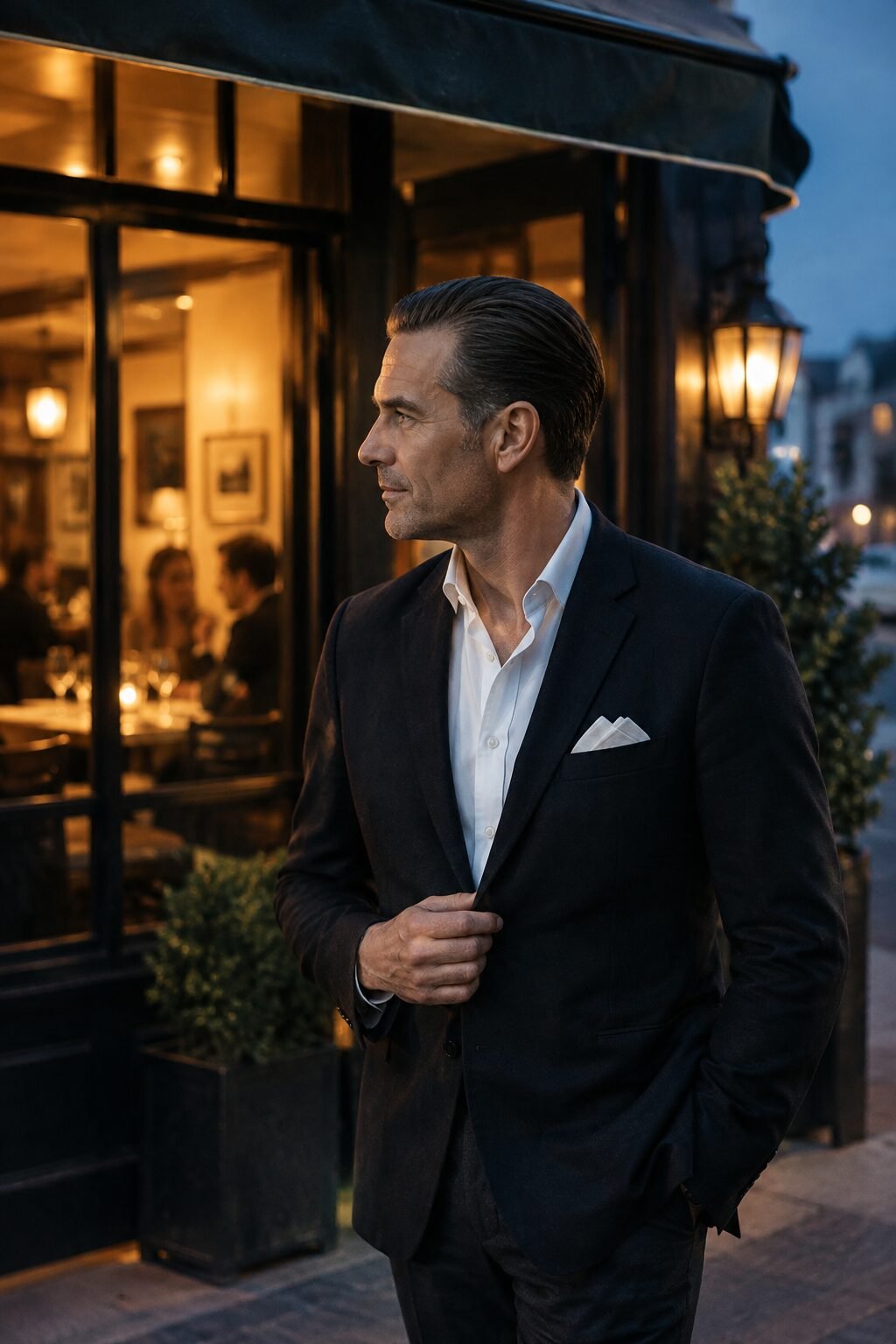 slicked-back haircut with tapered sides on a man in an evening jacket