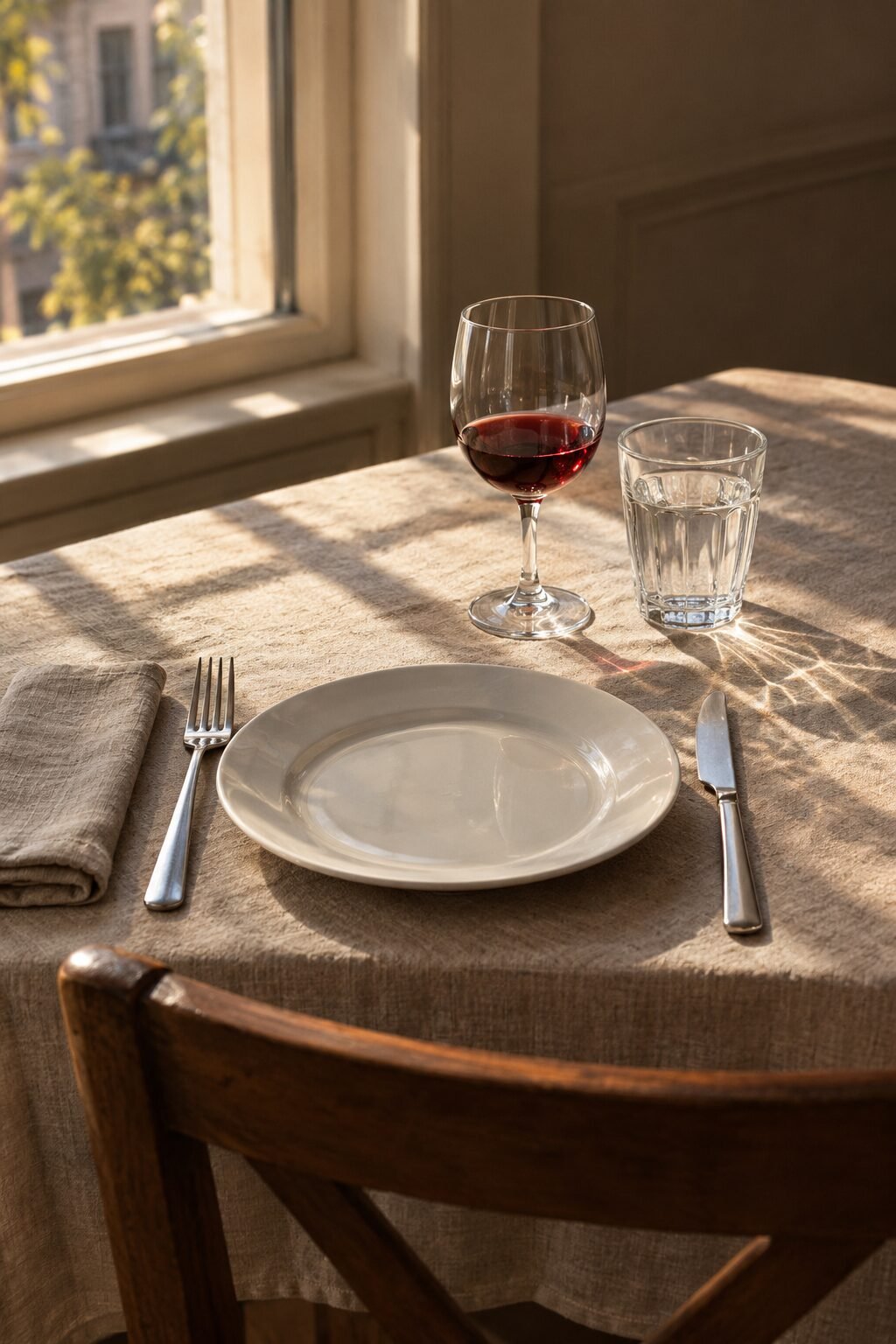 dinner for two table idea with clear bistro wine glasses and paneled water tumblers set above the knives