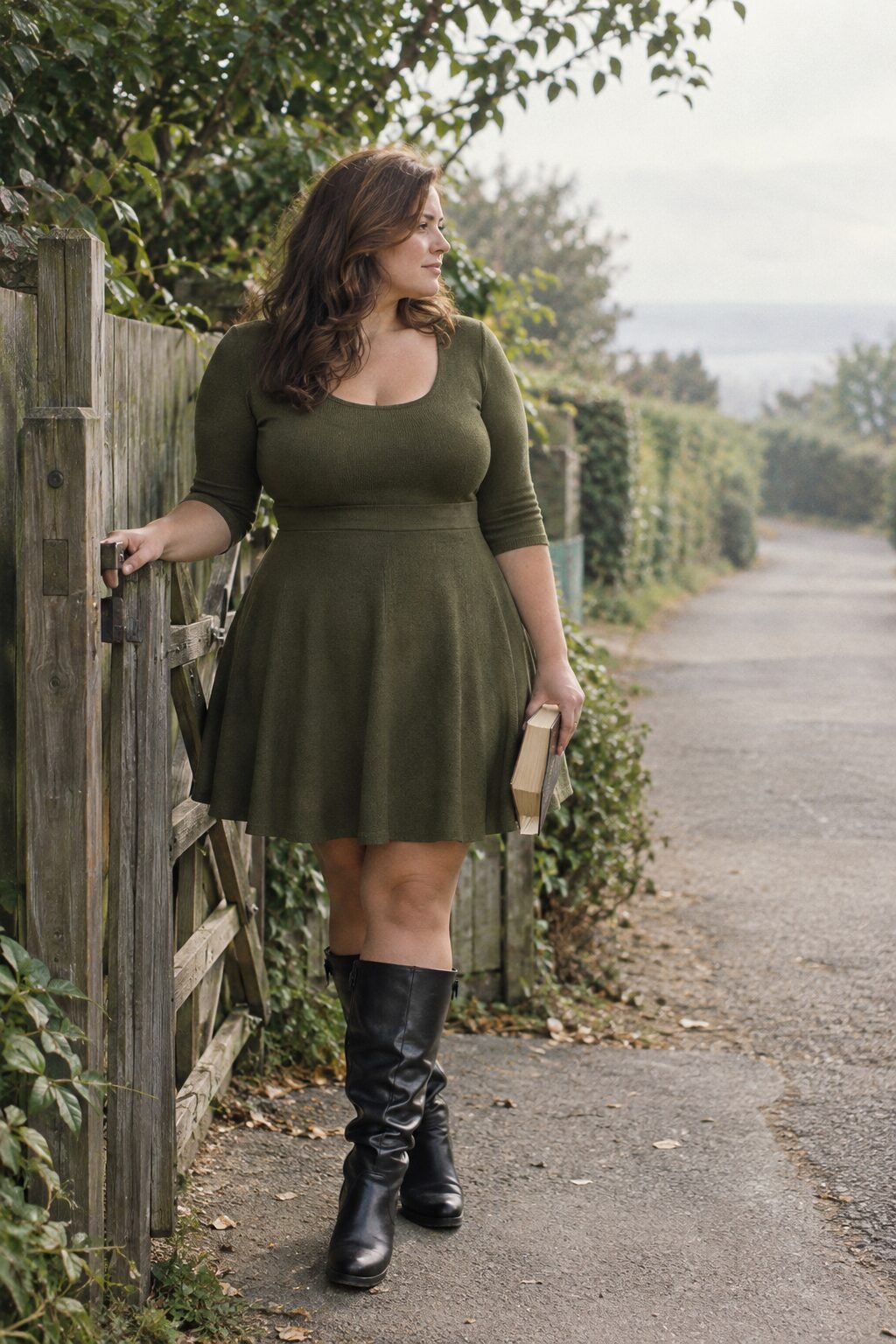 plus size halloween outfit: olive fit-and-flare dress with black wide-calf boots