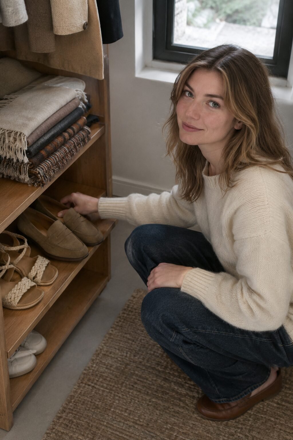 woman wearing a closed-toe leather loafer as a seasonal transition from summer sandals