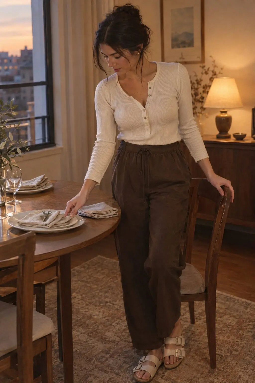 elegant loungewear outfit: bone ribbed henley tucked into taupe brown drawstring trousers with tan leather slides
