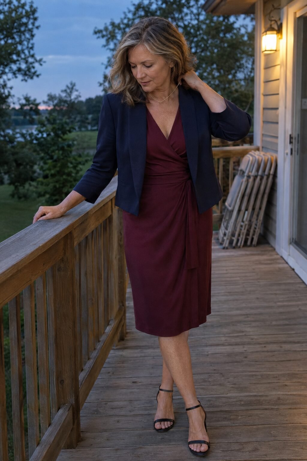 mother of the groom outfit: navy cropped jacket open over a wine-colored wrap dress with black strappy heels for a rehearsal dinner