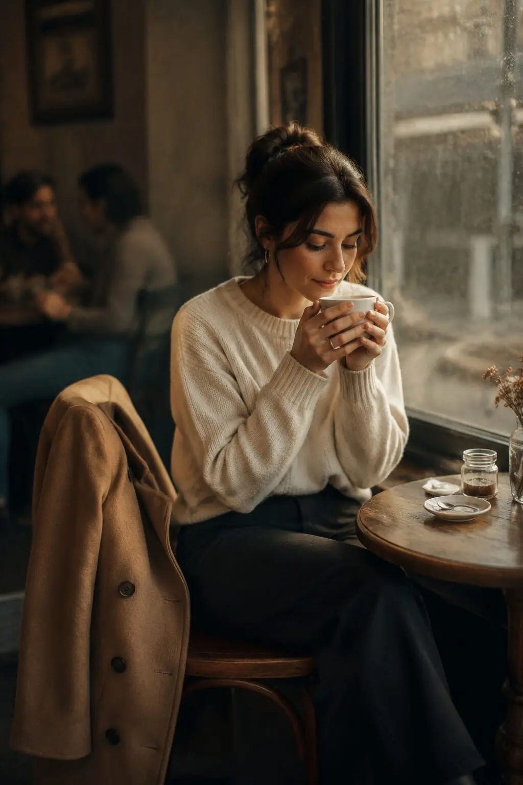 camel wool coat draped over a cafe chair while she drinks coffee by the window