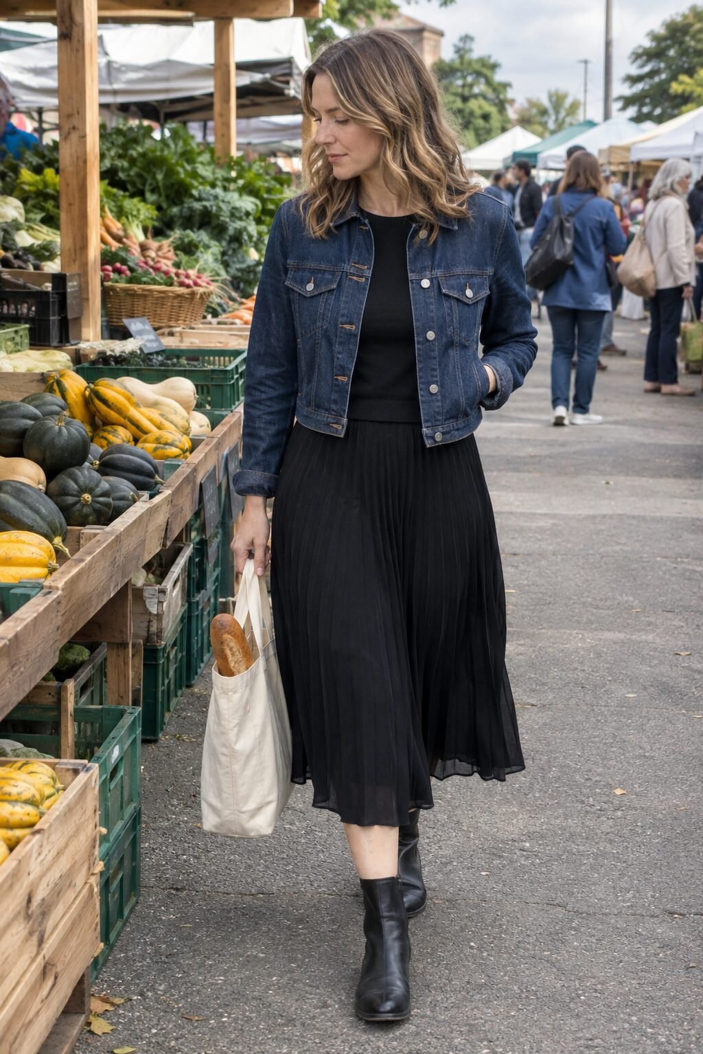 budget fall outfit idea: cropped dark-wash denim jacket over a black pleated chiffon midi skirt