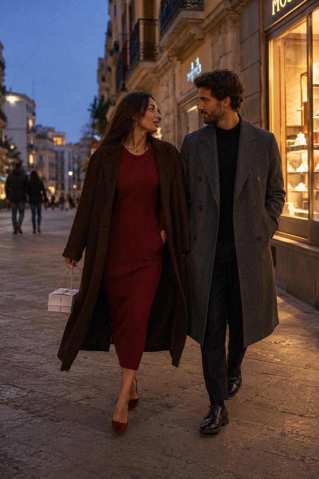 romantic fall date outfit for halloween: fitted ribbed knit dress under a dark brown oversized swing coat