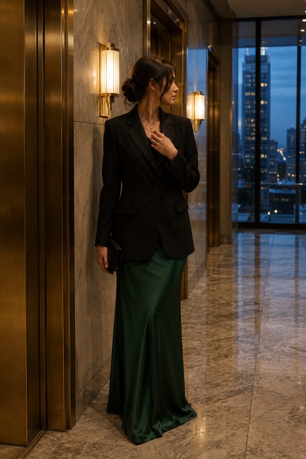 forest green strapless silk dress worn under a buttoned black blazer for an office-appropriate halloween look