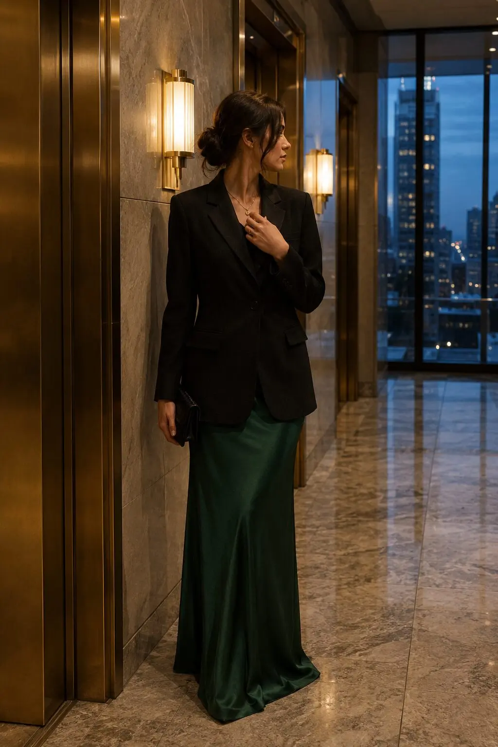 forest green strapless silk dress worn under a buttoned black blazer for an office-appropriate halloween look