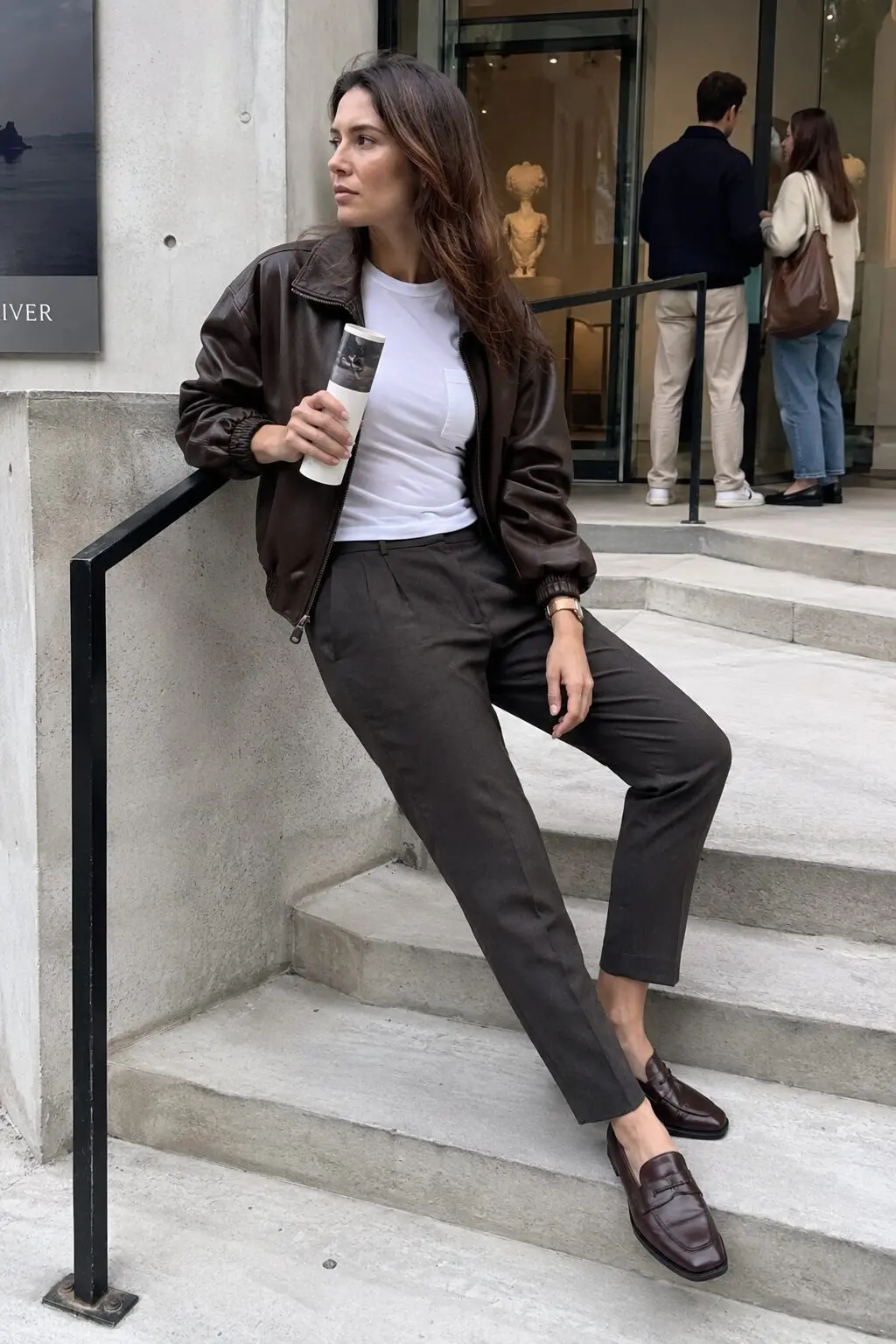 what to wear with brown loafers: dark brown leather jacket and white tee weekend outfit