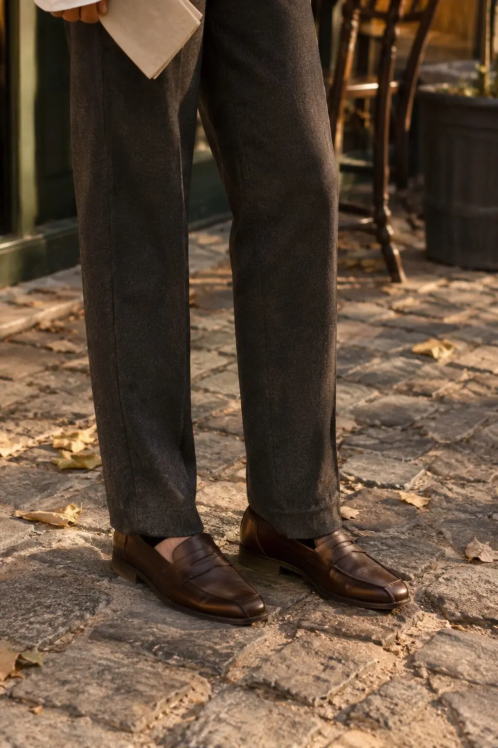 what to wear with brown loafers: dark brown leather jacket and white tee weekend outfit