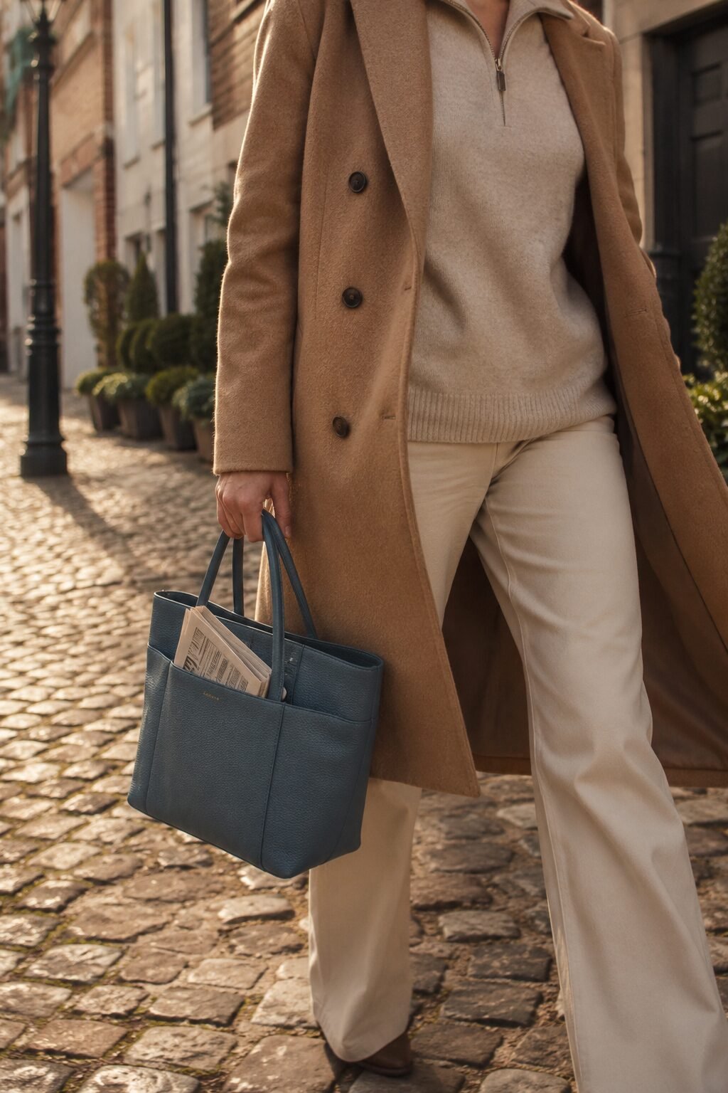 timeless style vs trendy fashion: camel wool coat, oatmeal merino half-zip sweater, and structured leather tote