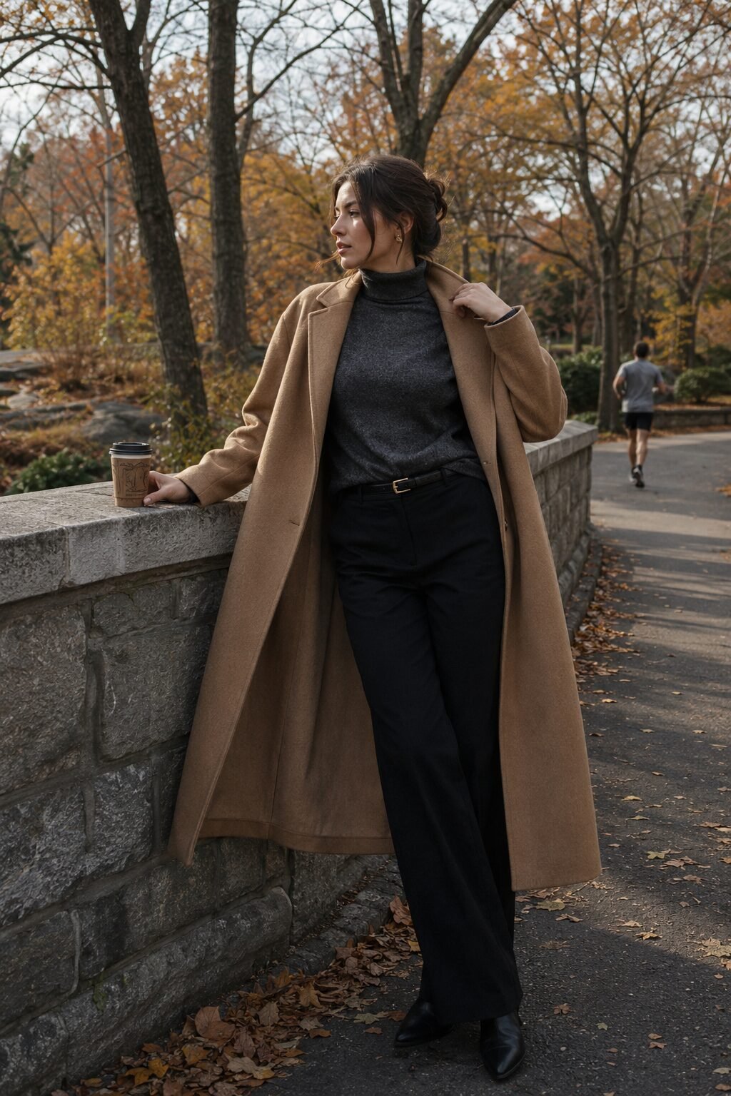 carolyn bessette kennedy style fall layering: camel wool coat over a charcoal cashmere turtleneck and black tailored trousers
