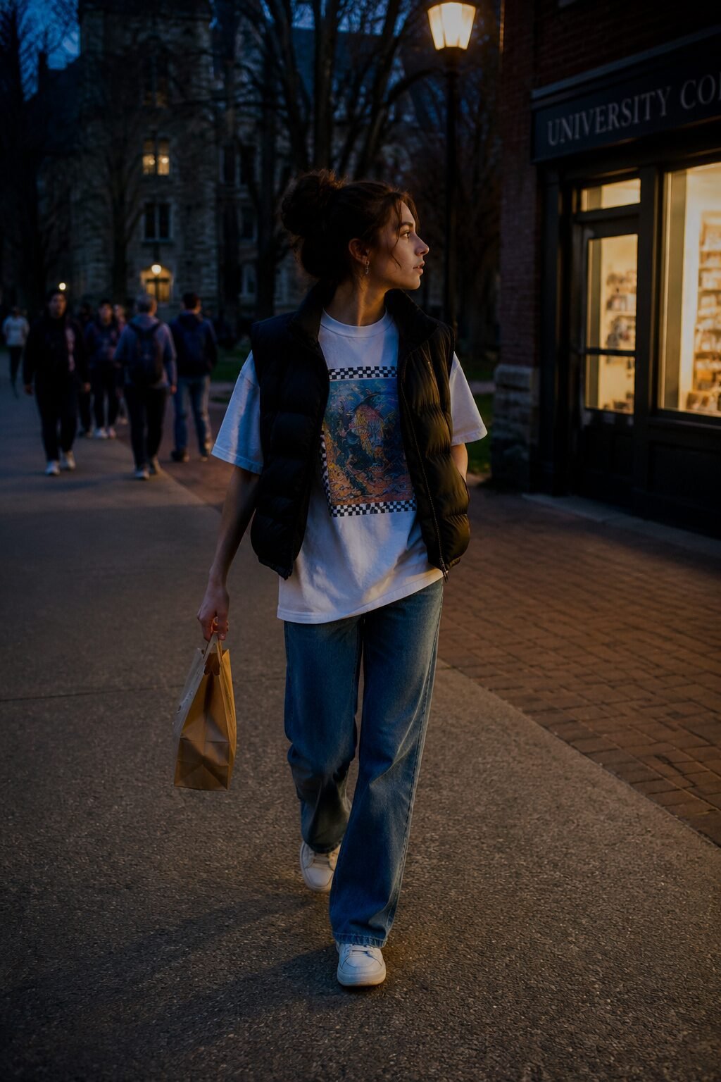 college move-in day evening outfit: black cropped puffer vest, white graphic tee, and mid-blue straight-leg jeans