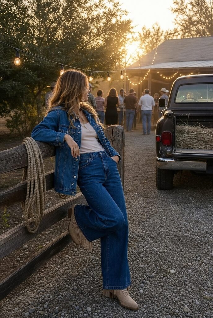 casual halloween party outfit: tonal denim jeans styled with cream fringe cowboy boots