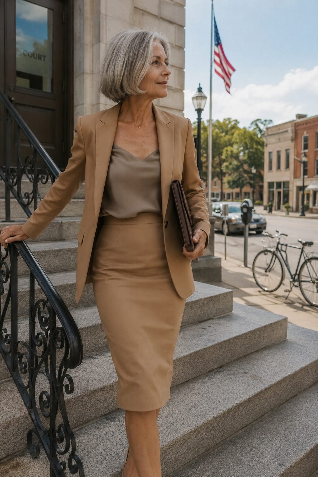 camel tailored skirt suit with taupe silk camisole, grandmother of the bride outfit for a courthouse ceremony