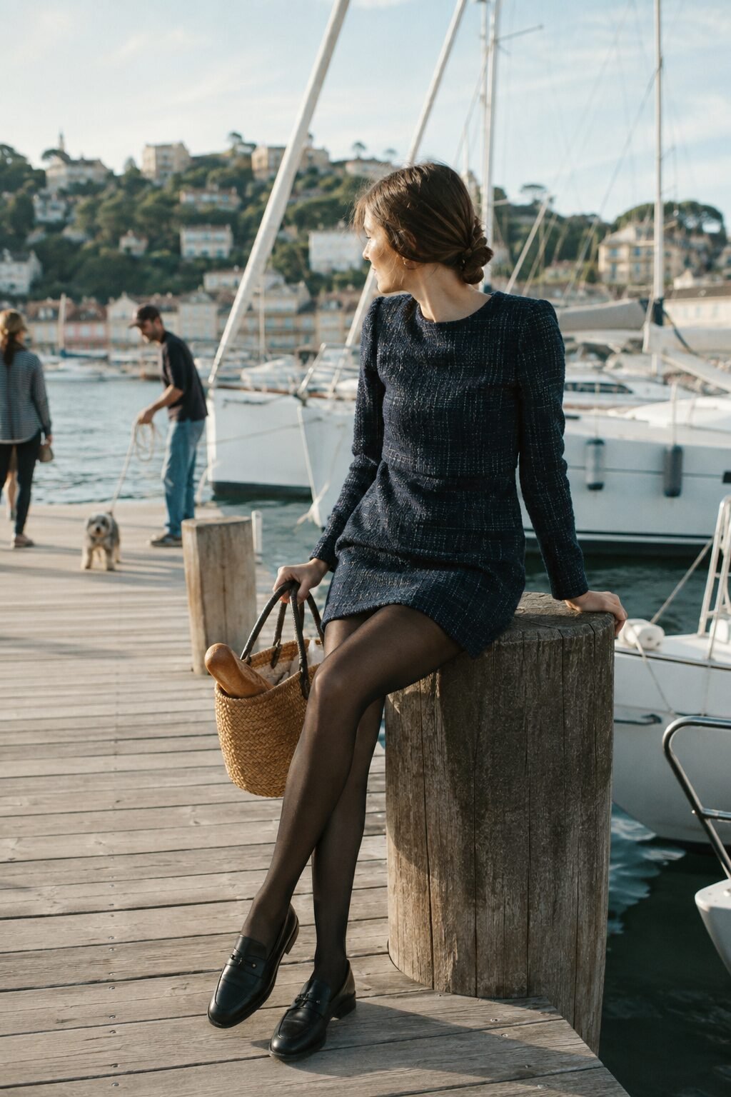 how to wear tweed this fall: navy tweed shift dress, sheer black tights, and black loafers