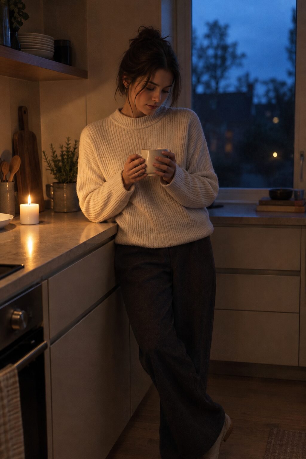 Woman in a cream sweater holding a warm mug by candlelight in the evening