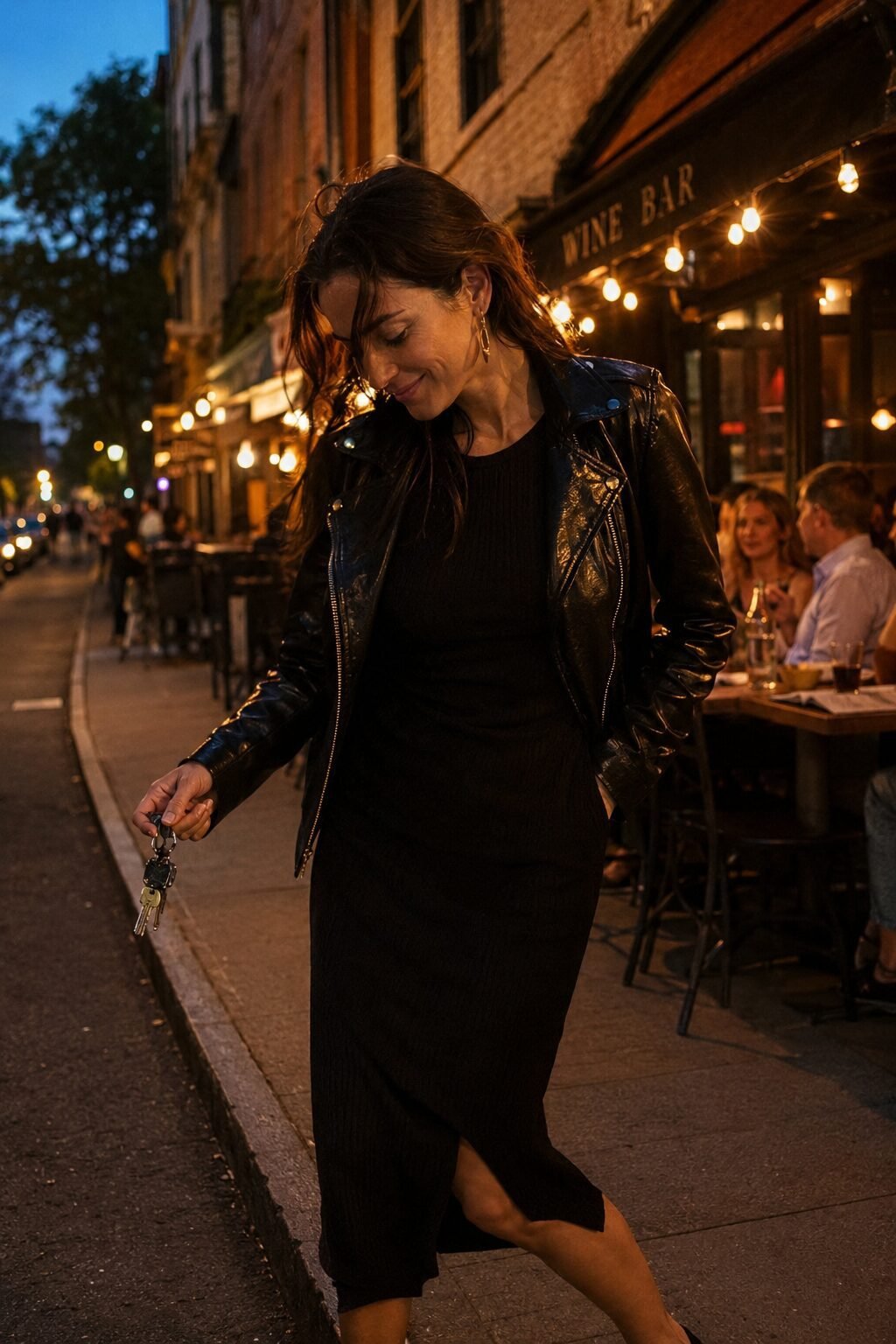 black midi dress with a black leather moto jacket and gold earrings, night out outfit