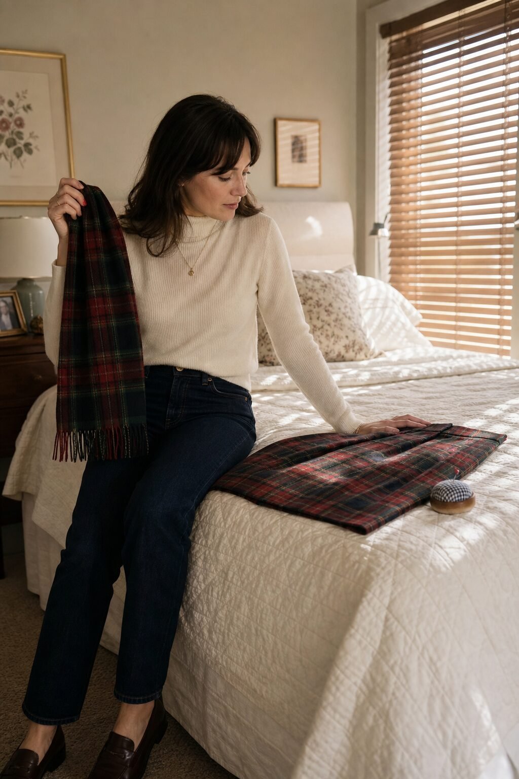 woman wearing a single plaid coat anchored by solid pieces underneath for a fall outfit