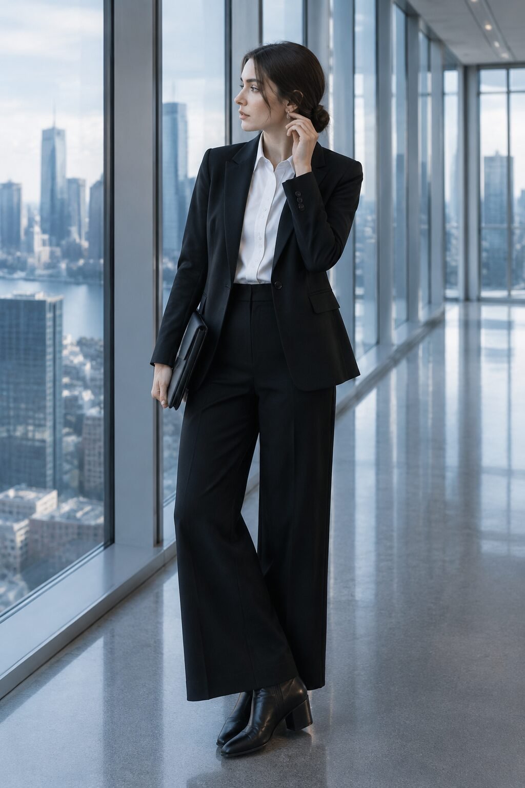 capsule wardrobe outfits 2026: black tailored blazer over a white button-down shirt and black trouser for the office
