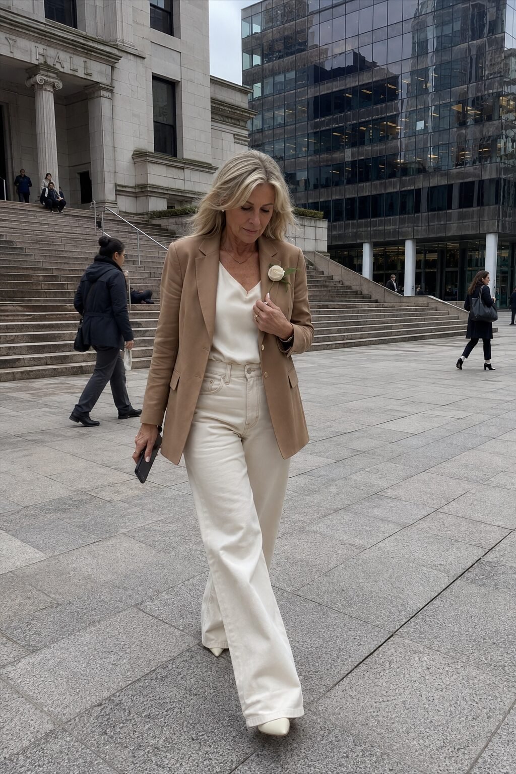wide-leg ivory trousers with a camel structured blazer for a modern city hall mother of the groom outfit