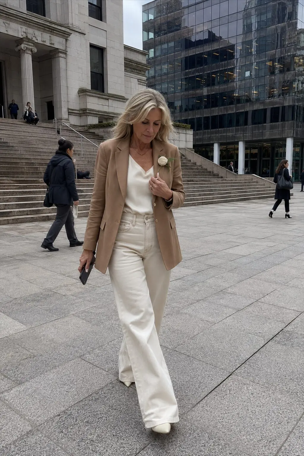 wide-leg ivory trousers with a camel structured blazer for a modern city hall mother of the groom outfit