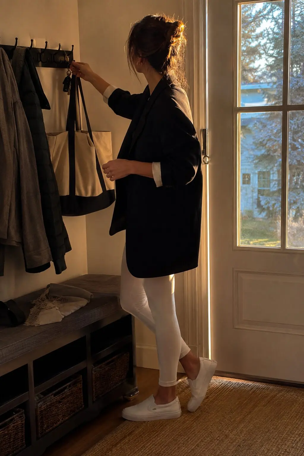 black and white work from home outfit: oversized blazer over fitted leggings with slip-on sneakers