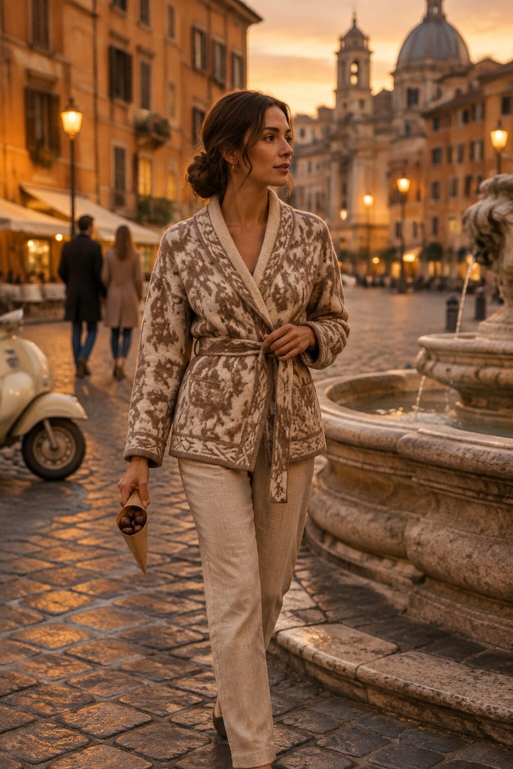european fall outfit: ivory and mocha wrap cardigan over flax linen trousers