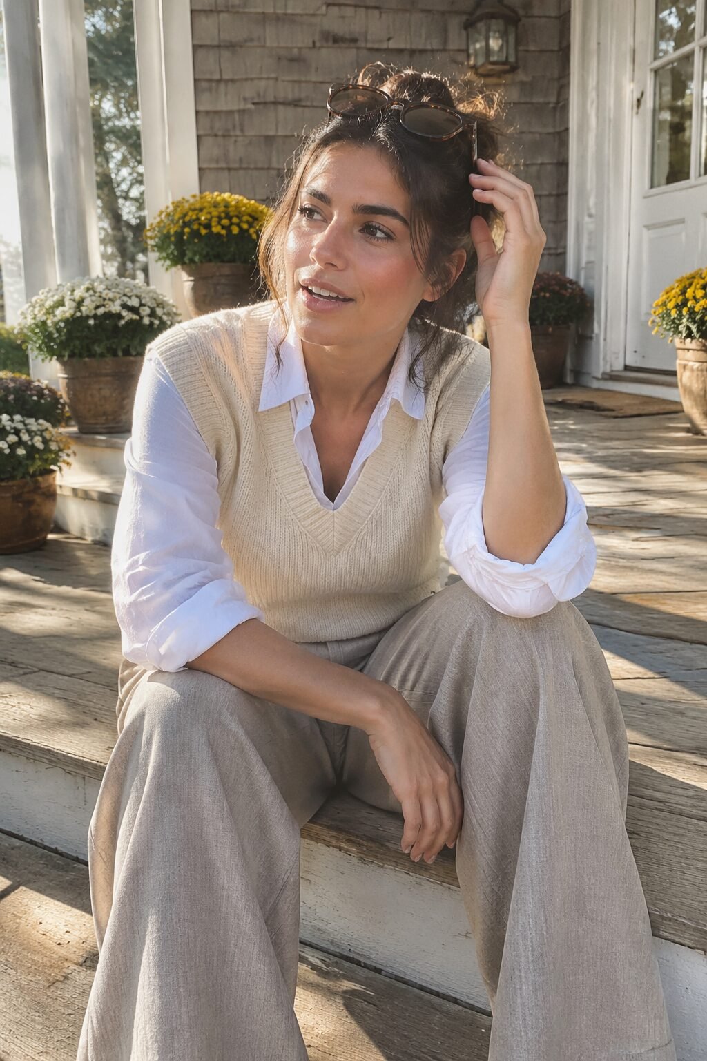 fall brunch outfit: ivory sweater vest over a white button-down with taupe tailored trousers