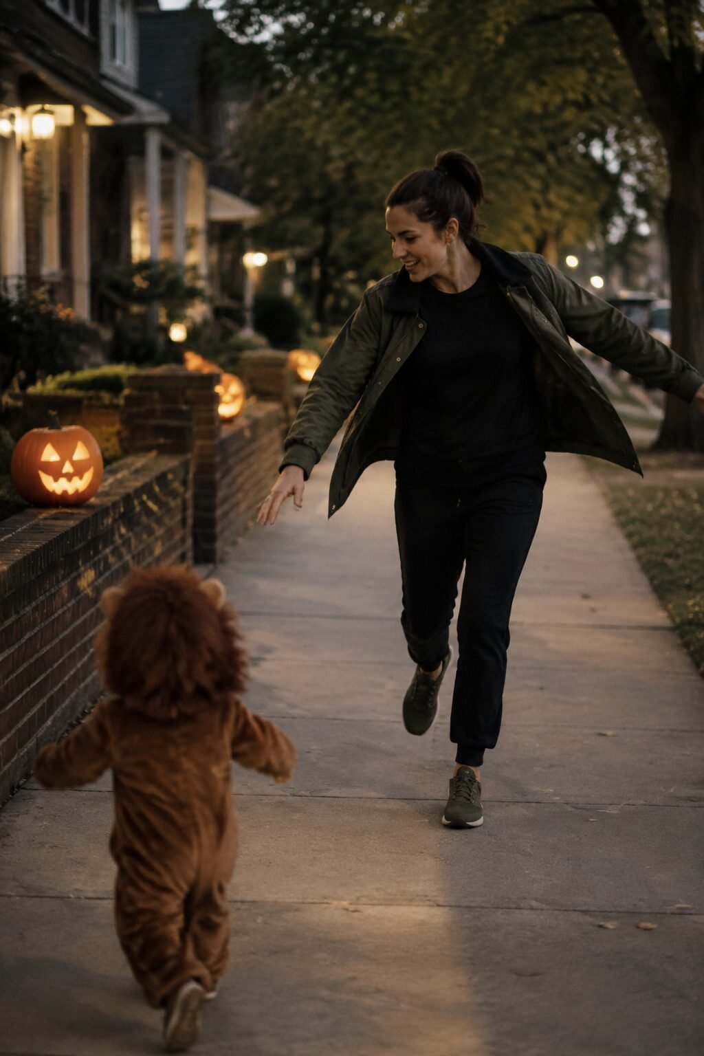 olive green barn jacket over a black crewneck sweatshirt and jogger-style pants, halloween outfit for moms trick-or-treating with an active toddler