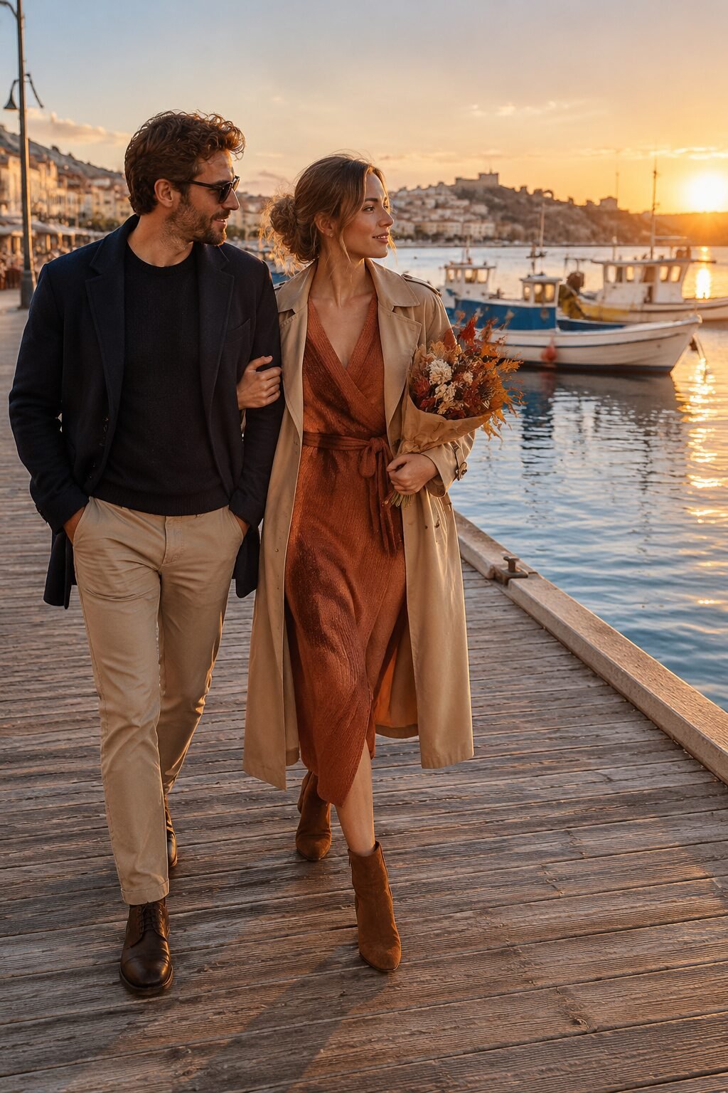 fall date night outfit: rust wrap sweater dress under an open camel trench coat with toffee suede ankle boots