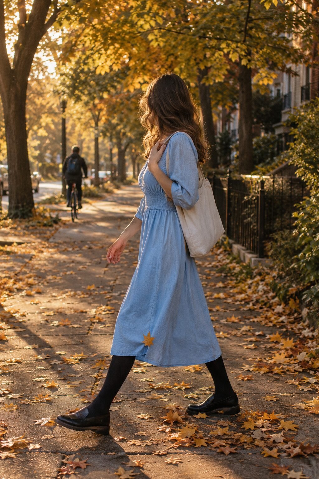 woman wearing black opaque tights under a light blue smocked cotton midi dress, fall outfit idea for bare legs