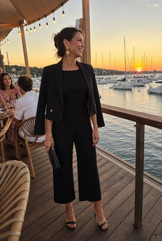 how to style a black blazer with a jumpsuit for a Halloween-season date night