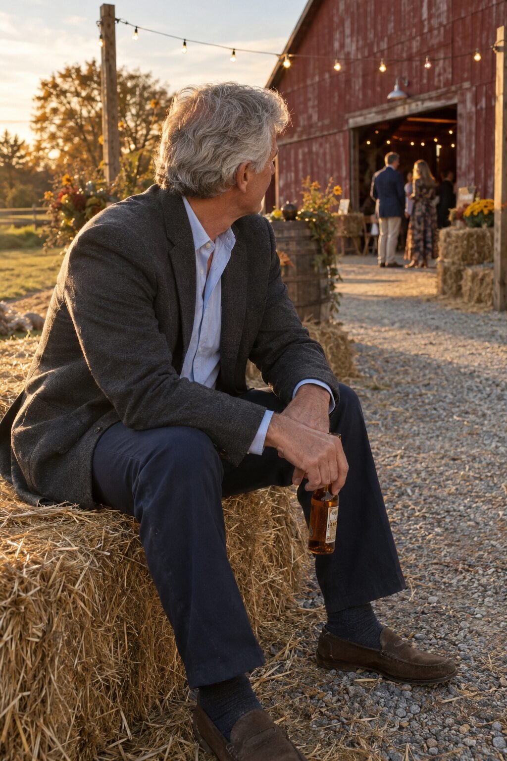 wedding guest attire for men over 50: charcoal wool jacket with navy trousers for a rustic countryside wedding
