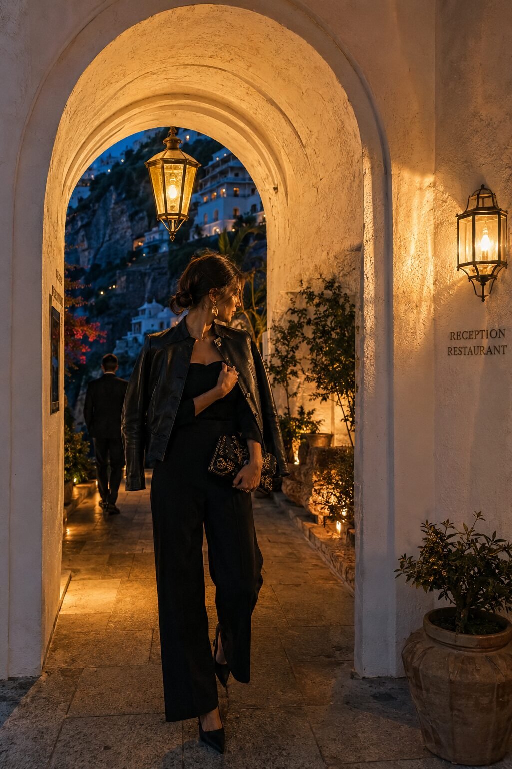 how to style a black leather jacket with a black tailored jumpsuit for dinner out