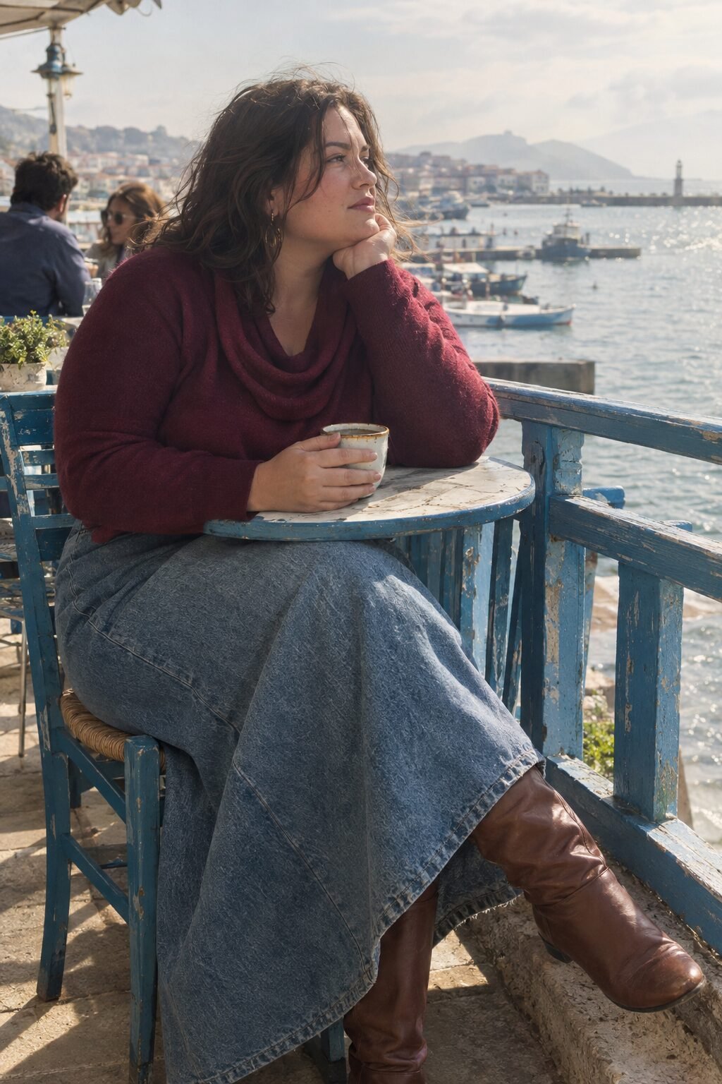 plus size fall outfit idea: wine-red cowl-neck sweater, stonewash denim maxi skirt, and cognac knee-high boots