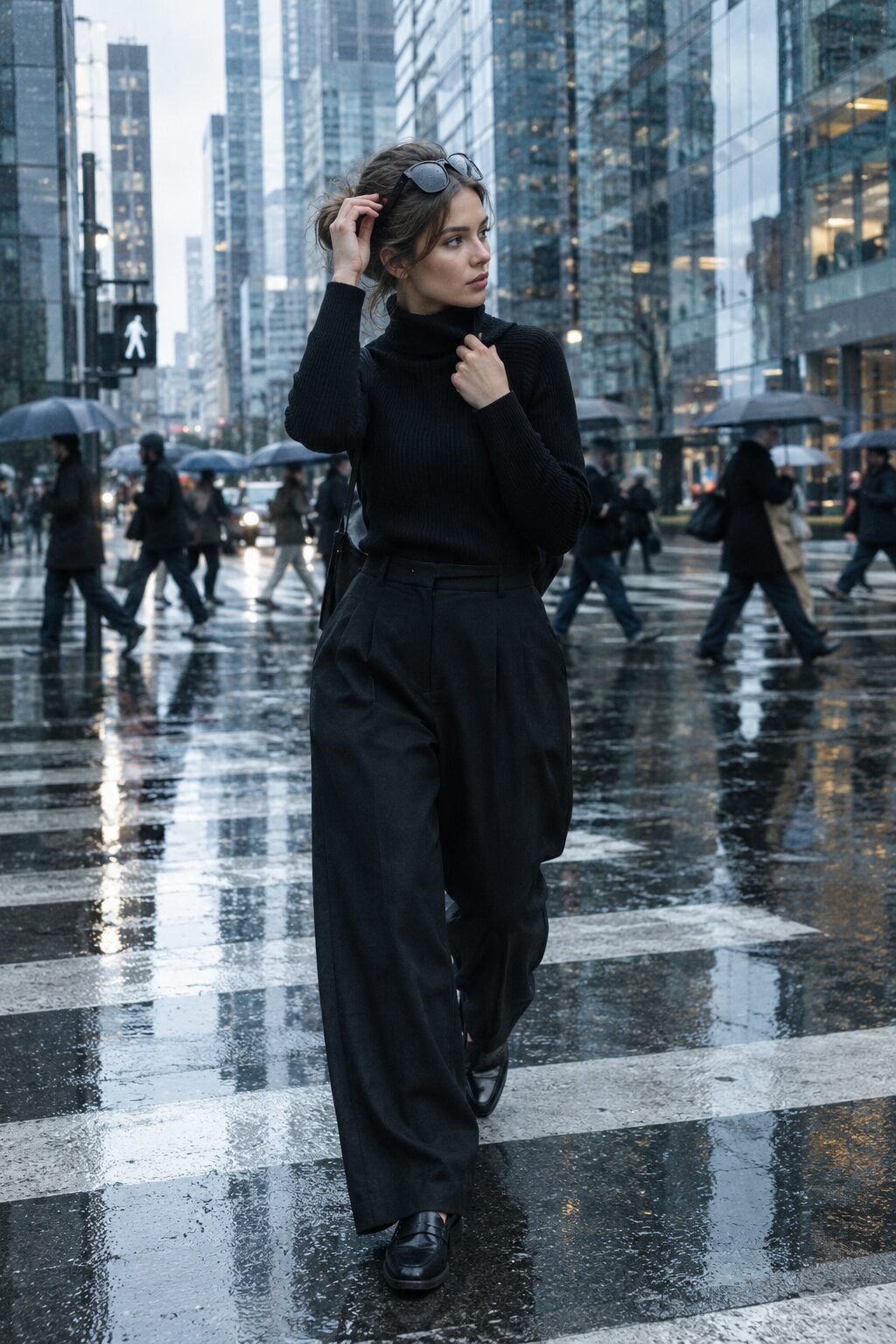 bold rainy day outfit base: black cashmere turtleneck and wide-leg trousers under a bright slicker