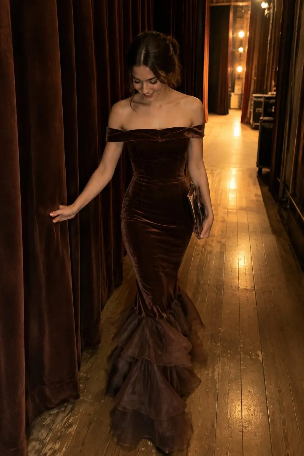 old hollywood prom dress: dark brown velvet off-the-shoulder mermaid gown