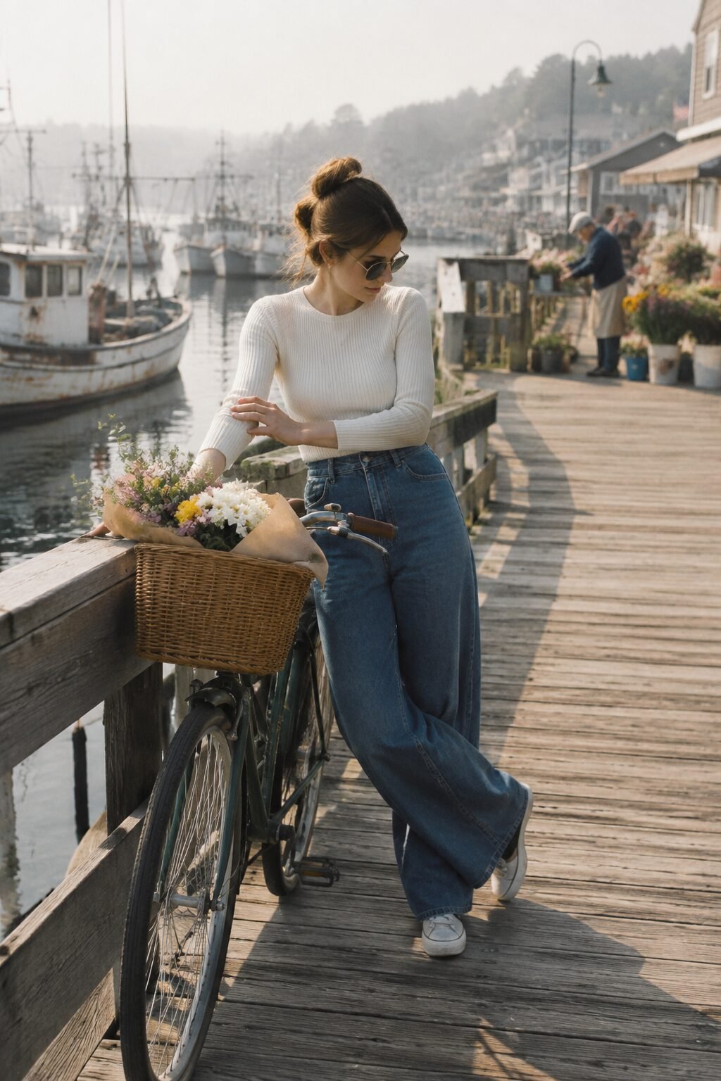 a woman in a cream fitted rib knit top and wide-leg indigo denim casual weekend outfit