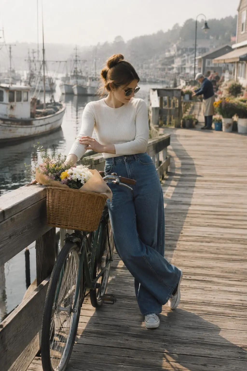 a woman in a cream fitted rib knit top and wide-leg indigo denim casual weekend outfit