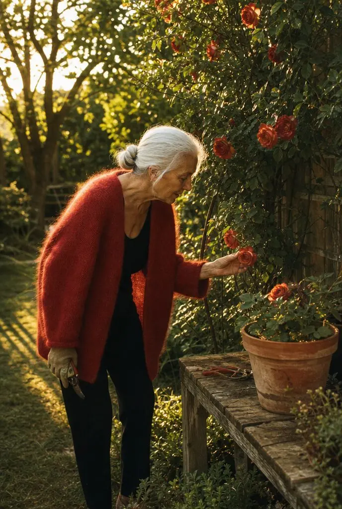 fall garden club outfit for women in their 70s: red mohair cardigan over black trousers