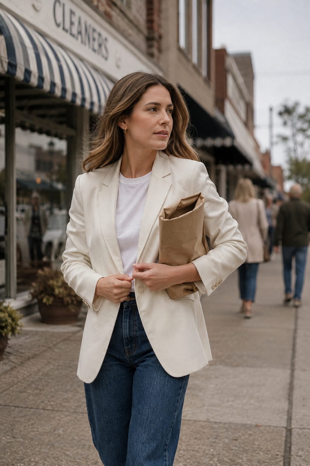 elegant outfits for running late: indigo straight-leg denim with cream structured blazer over a white tee