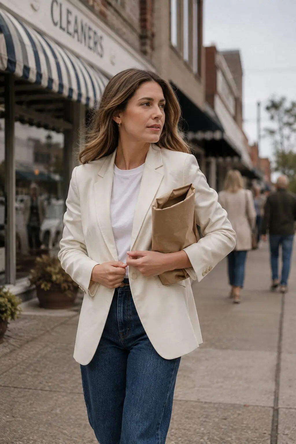 elegant outfits for running late: indigo straight-leg denim with cream structured blazer over a white tee