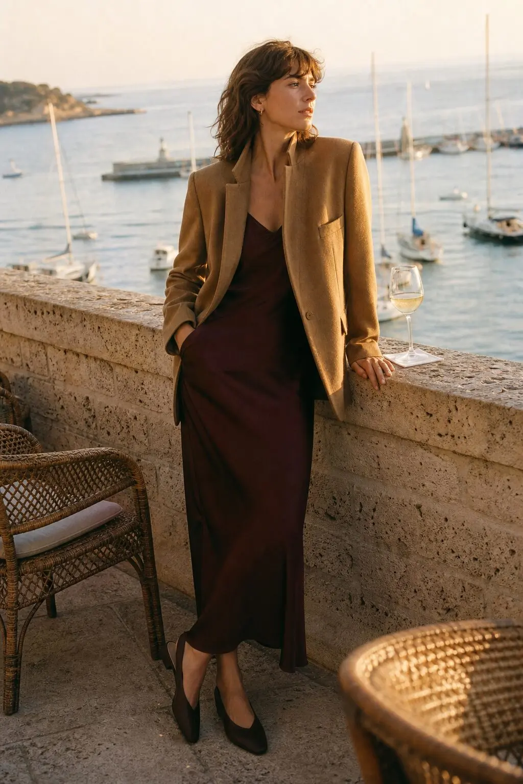 camel blazer worn over a burgundy silk slip dress, day to evening fall capsule outfit