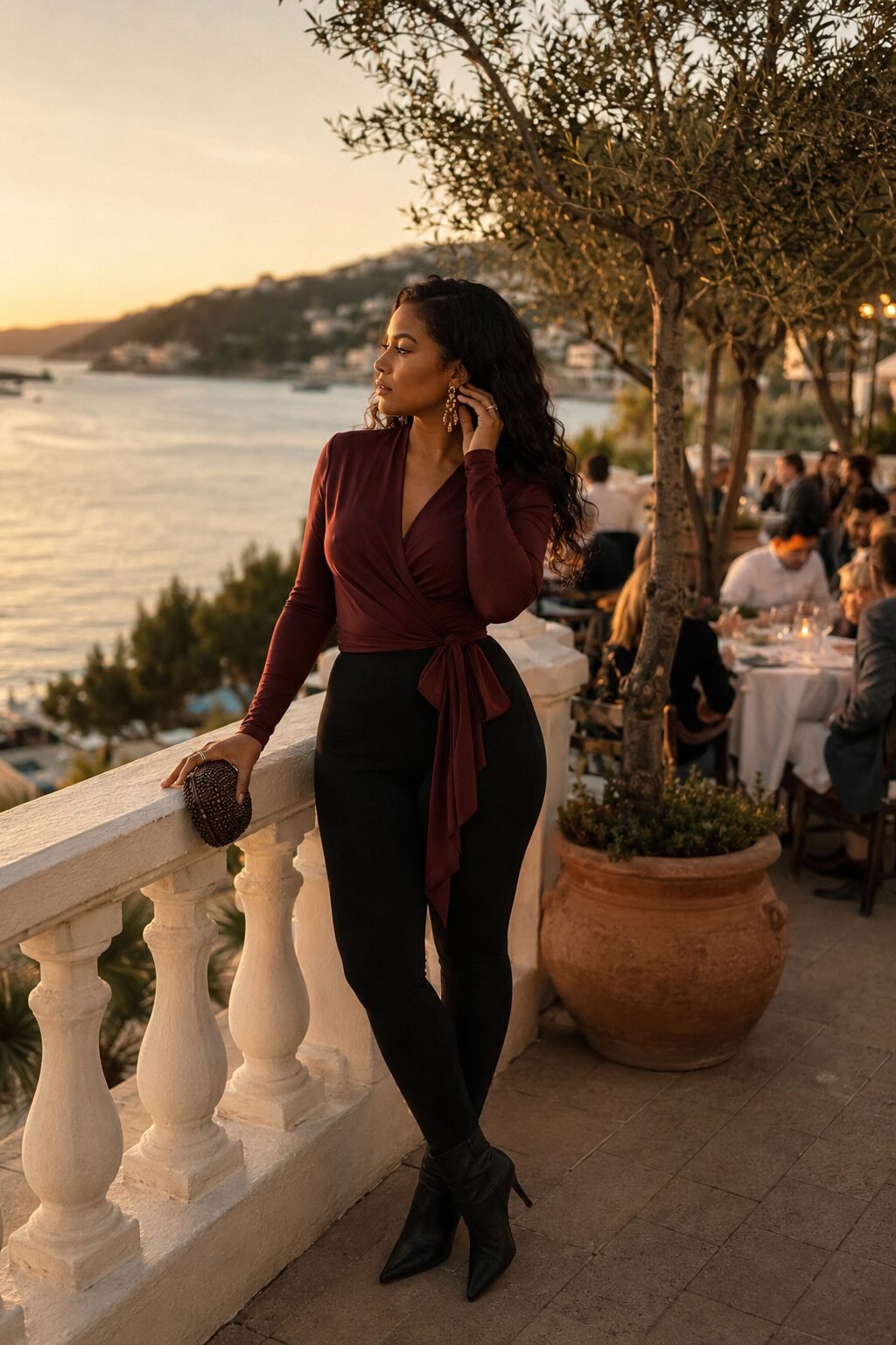 woman styling ponte leggings with a burgundy wrap top for a date-night outfit