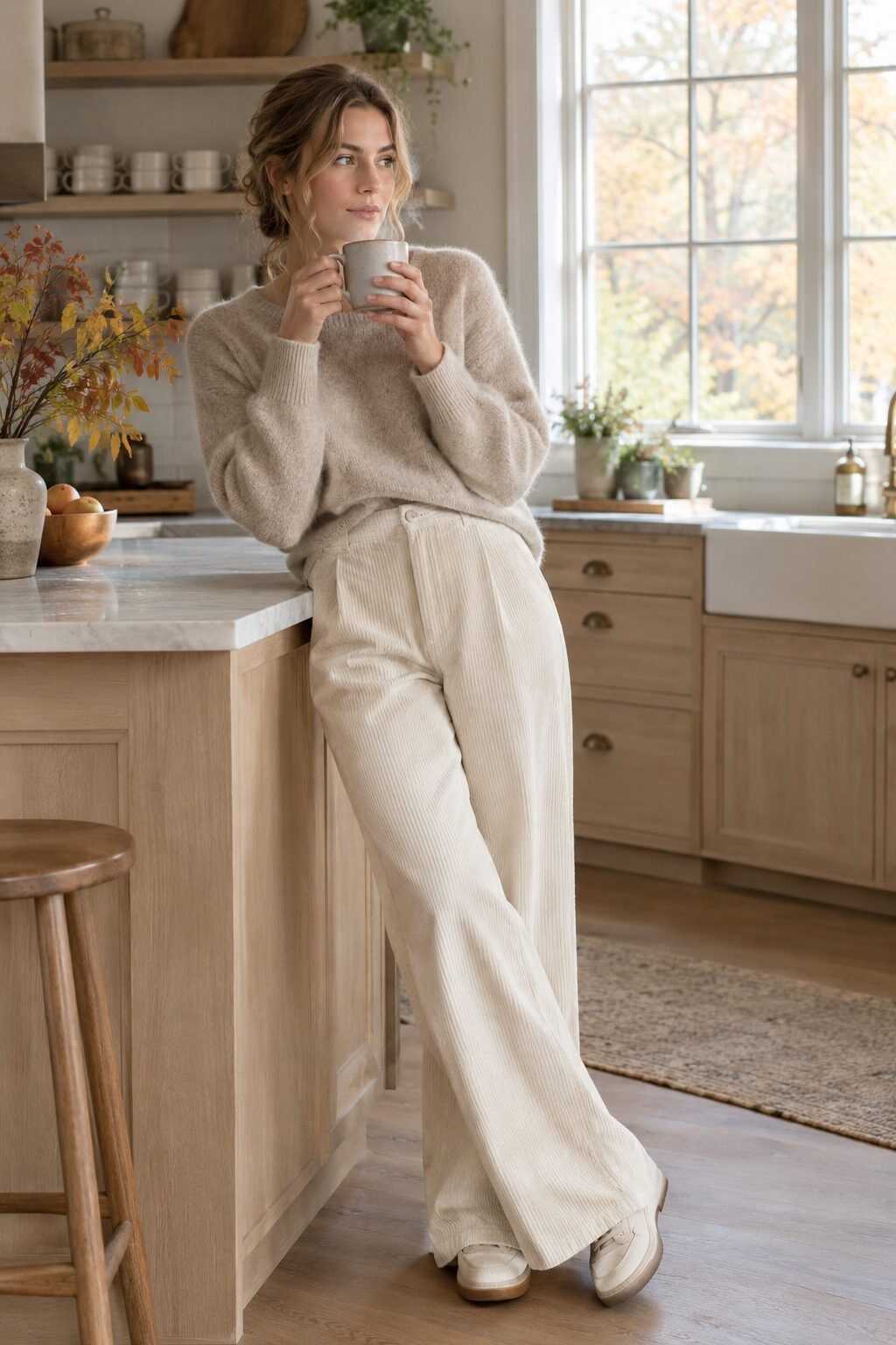 cozy fall outfit for meeting his family for the first time: oatmeal cashmere sweater tucked into cream wide-leg corduroy trousers