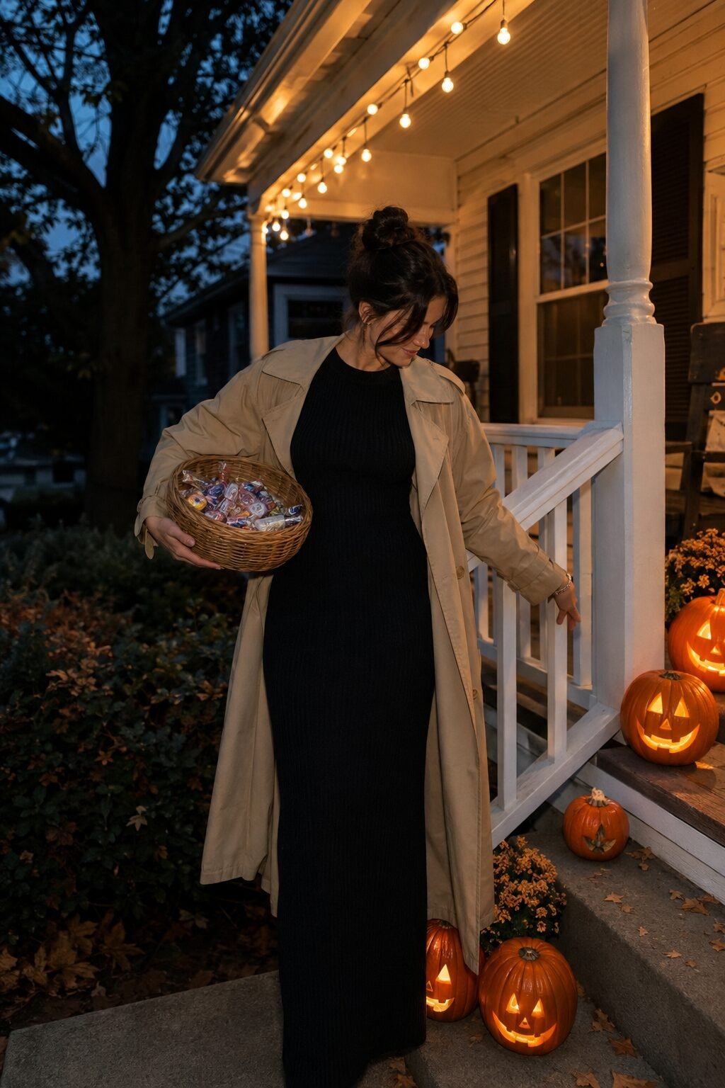 elegant fall halloween outfit for hosting: black ribbed knit maxi dress with a beige trench jacket